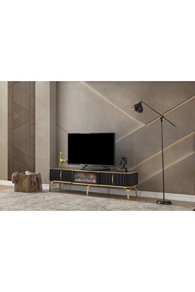 Pİ COLOR Pera Siyah Şömineli Tv Ünitesi
