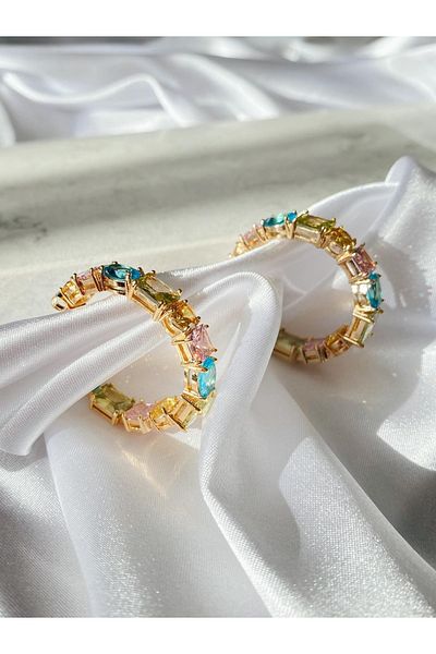 SWORDS CONCEPT Gold Steel Earrings with Colorful Stones