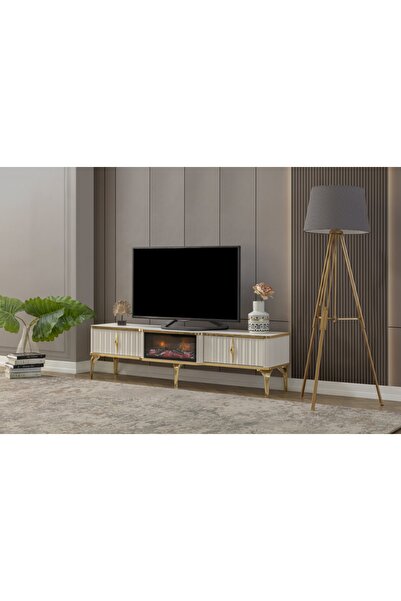 Pİ COLOR Pera Beyaz Şömineli Tv Ünitesi