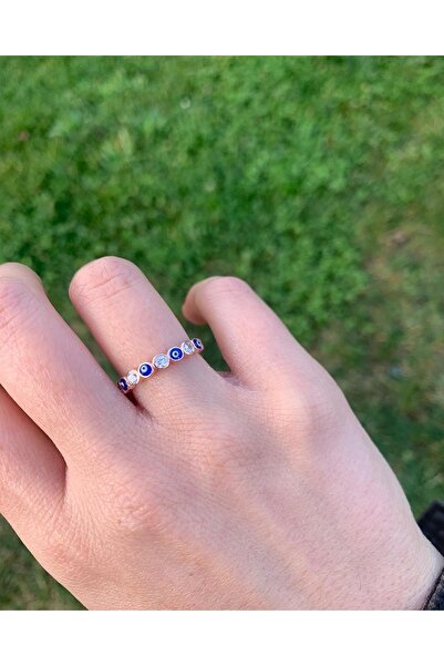 pien 925 Ayar Gümüş Tamtur Nazar Boncuklu Zirkon Taşlı Rose Gold Yüzük
