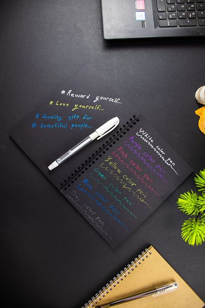 Four Kids Black Leaf Quality Spiral Notebook 50 Sheets 100 Pages and White Gel Pen Gift