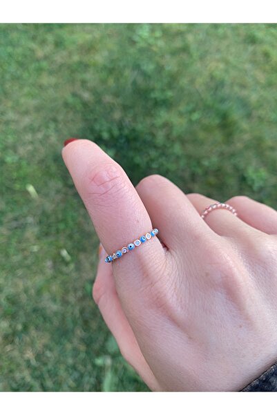 pien Turkuaz Mineli Nazar Boncuklu Zirkon Taşlı Rose Gold Gümüş Yüzük