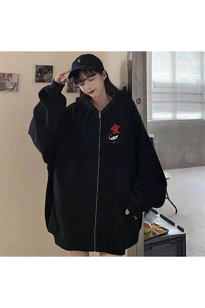 Touz Moda Dompuleri Moda Naruto Gaara Tattoo Printed Oversize Zippered Black Unisex Hooded Cardigan