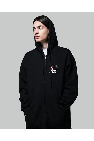 Touz Moda Dompuleri Fashion Dragon Printed Oversize Zippered Black Unisex Hooded Cardigan