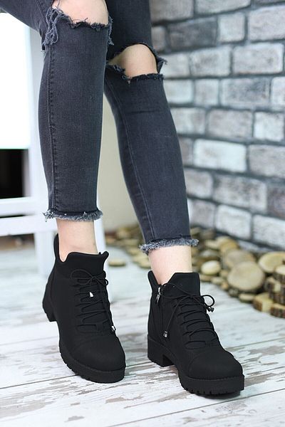 TOBAİ Winter Durable Rubber Non-Slip Sole Women's Zippered Black Boots