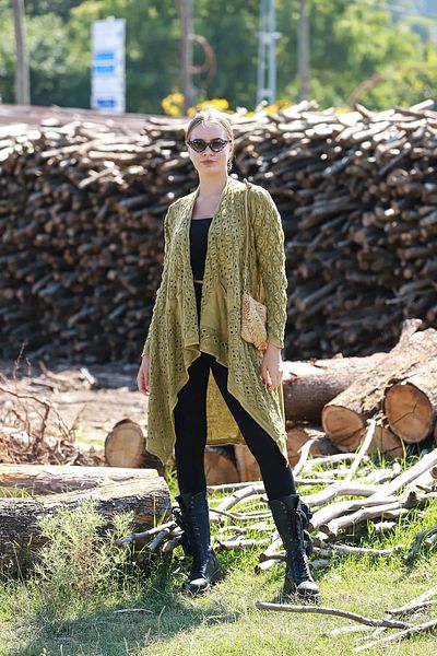 Sosyete Kaplumbağa Authentic Cotton Knitwear Double Pocket Patterned Knitted Asymmetrical Washable Cardigan