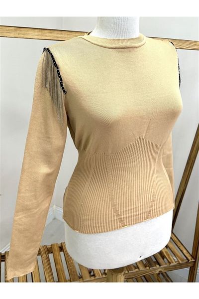 Kokoşum Butik 4858 Tricotaj cu lanț de umăr Bej