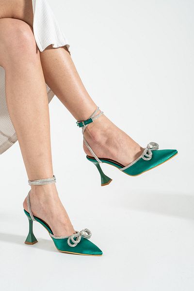 DUXAL SHOES Pantofi de damă din satin verde cu curea la gleznă cu toc cu fundă