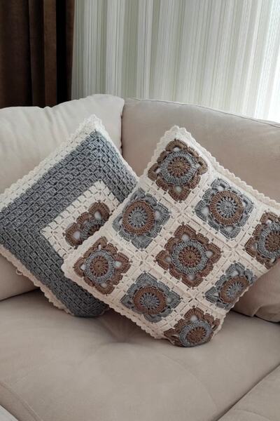 nftart.design Brown Gray Motif Hand Knitted 2-Piece Throw Pillow Cover - With...