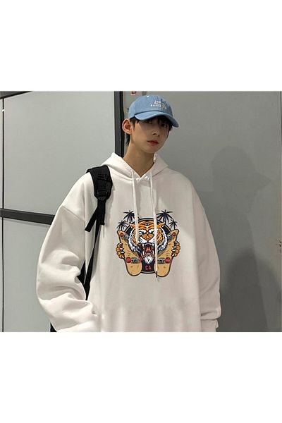 Gofeel Skateboarder Tiger White Hooded Oversize Printed Unisex Sweatshirt
