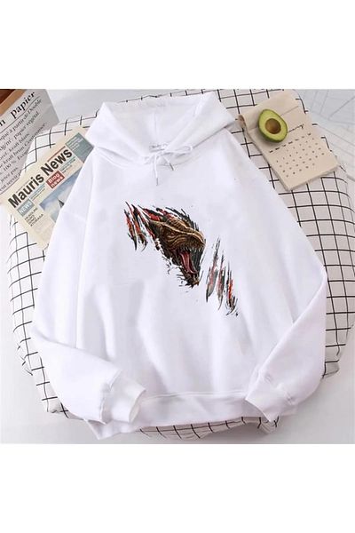 Gofeel Predator Dragon White Hooded Oversize Printed Unisex Sweatshirt
