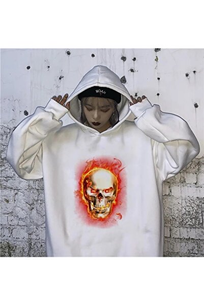 Gofeel Hanorac Burning Skull Culoare Albă cu glugă supradimensionat cu imprimeu