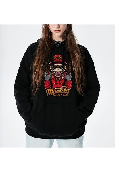 Gofeel Capped Monkey Black Hooded Oversize Printed Unisex Sweatshirt
