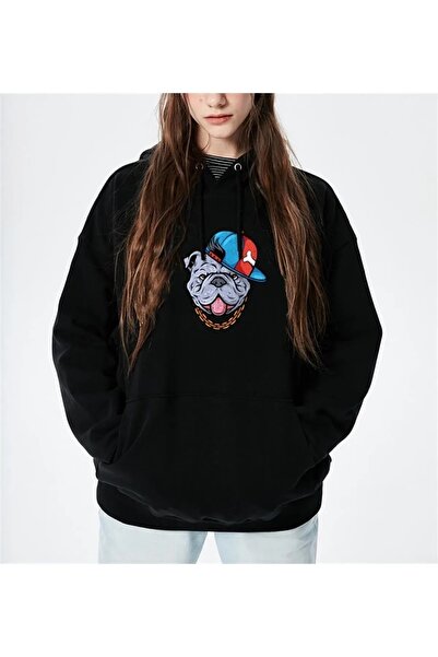 Gofeel Hanorac cu glugă și imprimeu supradimensionat, de culoare neagră, pent...