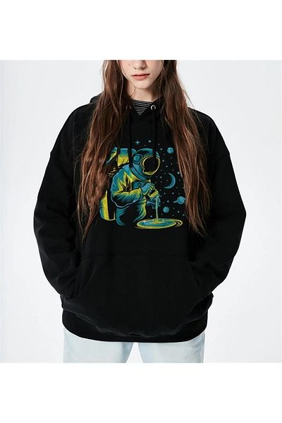 Gofeel Astronaut Black Hooded Oversize Printed Unisex Sweatshirt