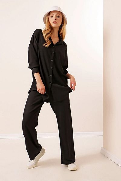 hazelin Women's Black Oversize Bottom-Top Double Knitted Suit