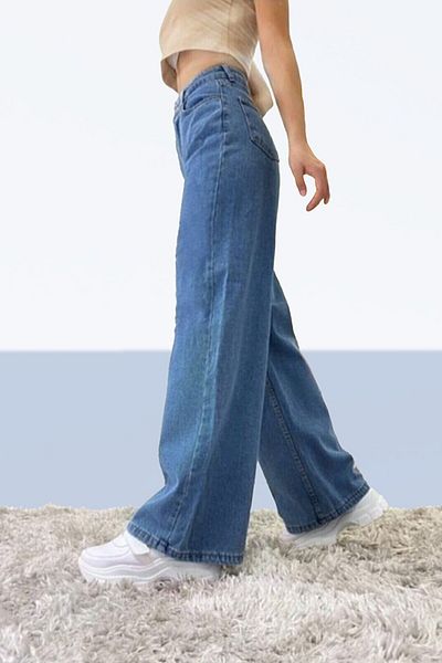 Trn JNS Pantaloni de damă Carmen Power Lycra, albastru mediu, talie înaltă, cu picioare largi, blugi largi