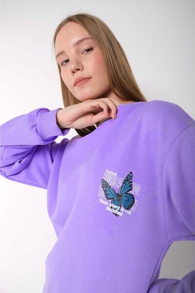 MODAGEN Γυναικείο φούτερ λιλά Oversize μπλε πεταλούδα με στάμπα με λαιμόκοψη