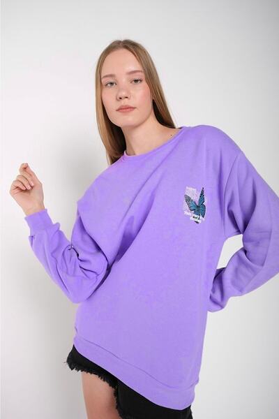 MODAGEN Γυναικείο φούτερ λιλά Oversize μπλε πεταλούδα με στάμπα με λαιμόκοψη