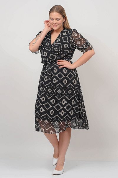 Neşeli Butik Women's Double Breasted Collar Midi Length Plus Size Patterned Chiffon Dress Nb80622