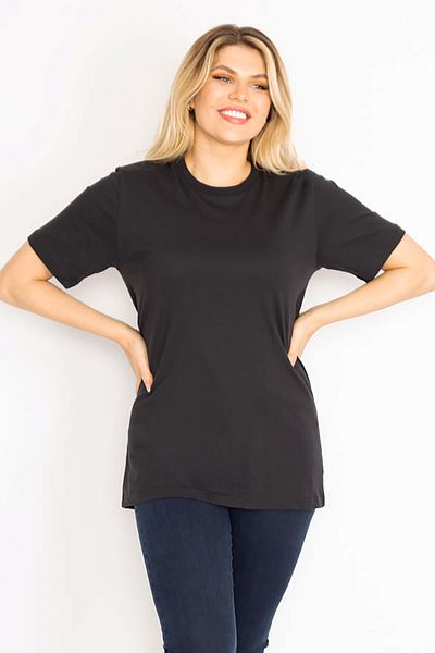 Şans Women's Large Size Black Crew Neck Basic Blouse 65n35424