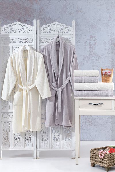 Bonny Home Family Lace Cream & Lilac Οικογενειακό Σετ Μπουρνούζι 6 τεμαχίων Προίκα Γυναικεία Ανδρικά Μπουρνούζι Πετσέτες μπάνιου