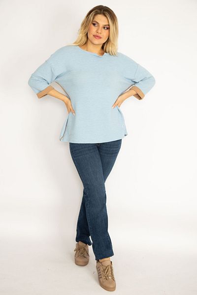 Şans Women's Large Size Blue Piping Detailed Capri Sleeve Sweatshirt 65n35390