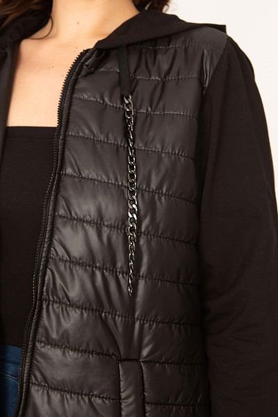 Şans Women's Large Size Black Front Zipper And Hooded Sleeves 2 Thread Quilted Lined Long Coat 65n35427