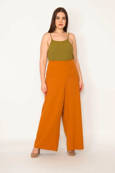 Şans Women's Large Size Brown Back Belt Elastic Wide Leg Crepe Trousers 65n35411