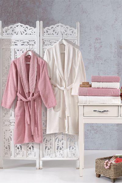 Bonny Home Family Lace Powder & Cream Οικογενειακό Σετ Μπουρνούζι 6 τεμαχίων Προίκα Γυναικεία Ανδρικά Μπουρνούζι Πετσέτες μπάνιου