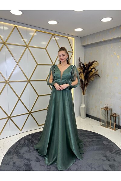 Surikka Rochie de seara Sena verde kaki - decolteu in V cu centura