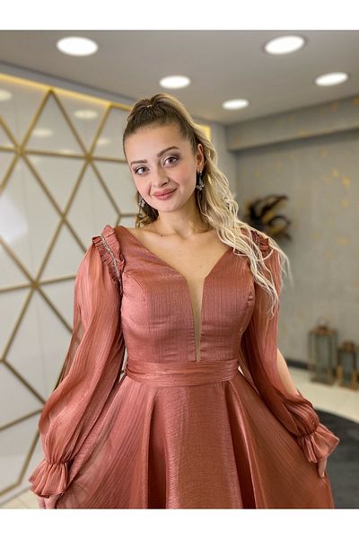 Surikka Belted V-Neck Sena Evening Dress Tile