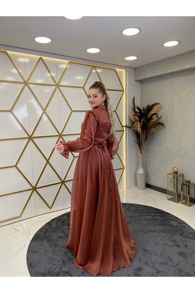 PİENNAR Shoulder Stoned Sema Hijab Evening Dress Tile
