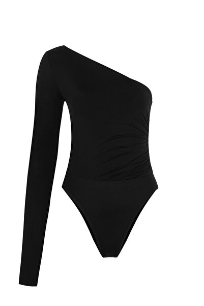 AQUELLA Asymmetrical Gathered Black Bodysuit