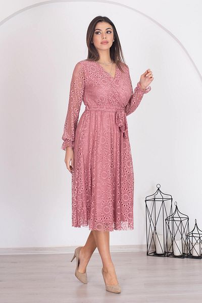 Neşeli Butik Γυναικείο φόρεμα με δαντέλα με διπλό γιακά Dusty Rose Rssn31