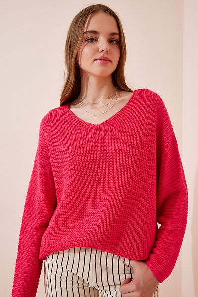 Happiness İstanbul Damska ciemnoróżowa bluza z dekoltem w szpic Thessaloniki dzianinowa oversize dzianinowa bluza ZA00059