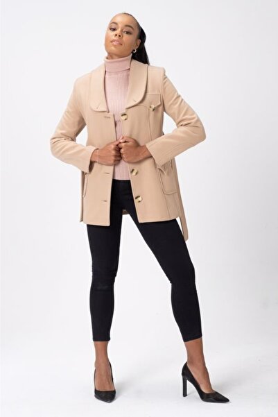 Özbil Tekstil Bej Yün Kısa Kaban / Ceket Boy- Bebe Şal Yaka- Cepli, Italyan Y...