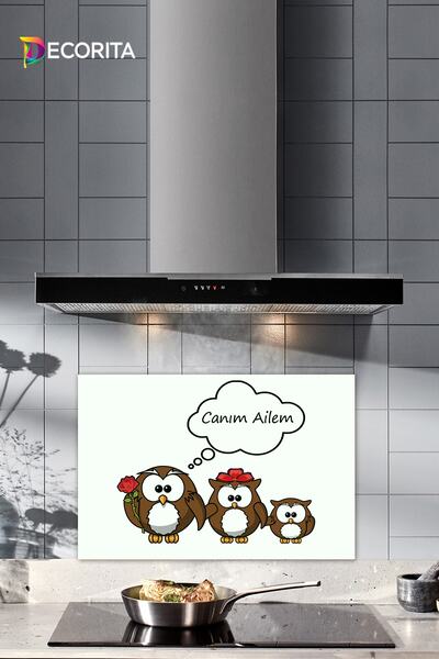 Decorita Cam Ocak Arkası Koruyucu | Sevimli Baykuş Ailesi | 40cm X 60cm