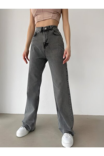 BENDİSTAR BUTİK Liza Füme Likralı Süper Yüksek Bel Salaş Jeans Palazzo Pantolon