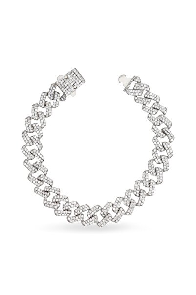 Silveranka 925 Ayar Gümüş Kare Kesim Taşlı Kalın Unisex Gurmet Zincir Bileklik