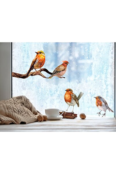 Sticker Sepetim Χαριτωμένα πολύχρωμα πουλιά πουλάκια ακουαρέλα γυαλί, παράθυρ...