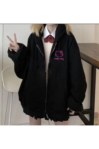 Violon Hello Kitty Pink Baskılı Oversize Fermuarlı 3 Iplik Şardonlu Kalın Siy...