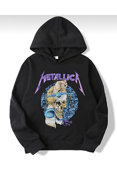 BYMEER Unisex Siyah Oversize Metallica Yazı Baskılı Rock Metal Sweatshirt Kap...