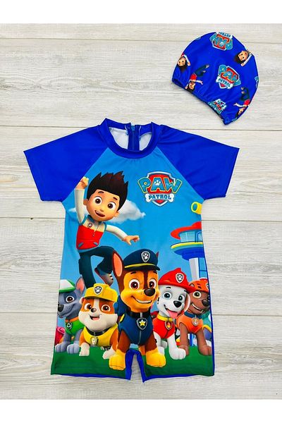 pistyle Boy's Paw Patrl Patterned Blue Yellow Full Body Swimsuit and Bone, Pack of 2
