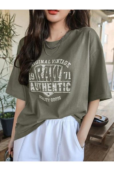 MOONBULL Women's Raw Printed Khaki Color Crew Neck Oversize Tshirt