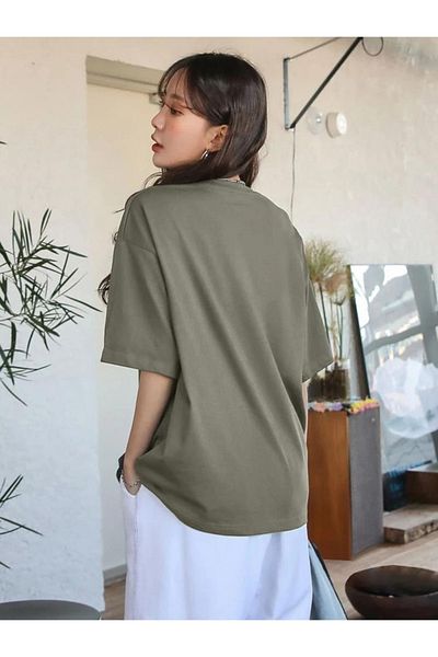 MOONBULL Women's Raw Printed Khaki Color Crew Neck Oversize Tshirt