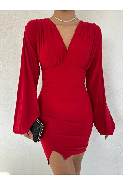 dükkan10butika Kadın Uzun Kollu Drapeli Balon Kol Yırtmaçlı Sandy Elbise Kırmızı
