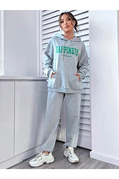MODARİCH Kadın Gri Happiness Alt Üst Eşofman Takımı Oversize Kapüşonlu