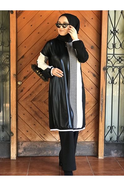 AYSUN AYDEMİR Black and White Leather Detailed Single Top Tracksuit