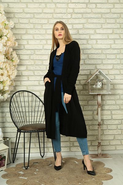 Lamierra Cardigan cu mâneci cu curea de tricotaj negru pentru femei
